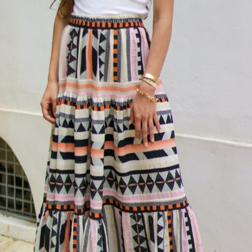 Devotion Twins Psarou Maxi Skirt Tiered Elastic Waist Black Orange Assorted - Picture 14 of 14